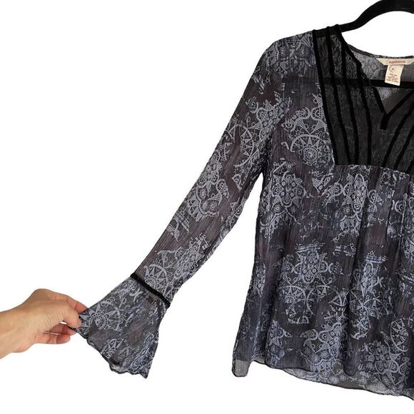 Sundance Blue Silk Printed Long Sleeve Semi-Sheer Popover Blouse Black Lace 8 - Picture 2 of 8